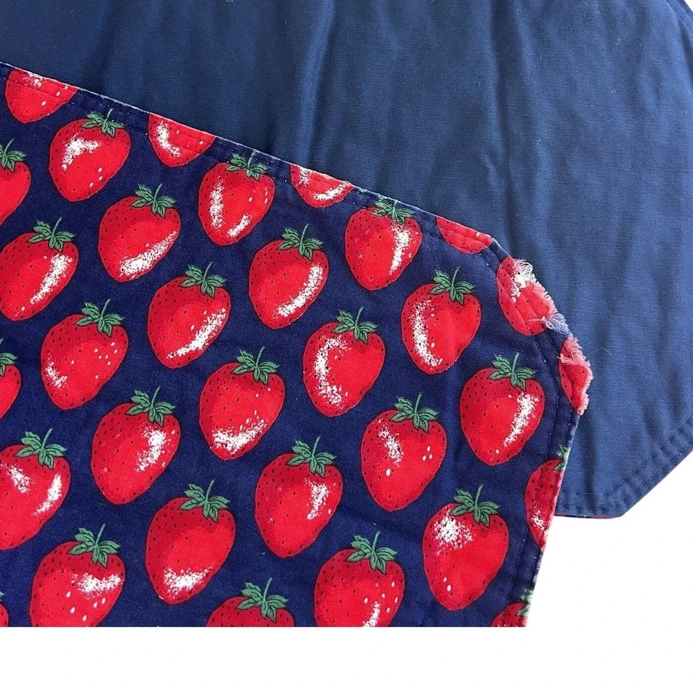 Vintage Strawberry Print Red & Navy Quilted Table Placemats LOT Of 4